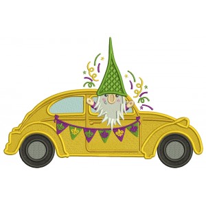Gnome Riding In The Car Mardi Gras Filled Machine Embroidery Design Digitized Pattern
